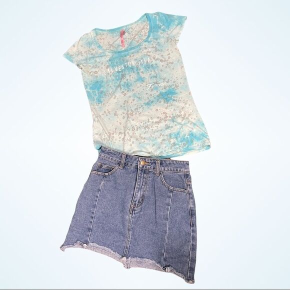 LUCKEE Lady Women's Graphic‎ Blue and Gray Splatter Galveston Island Texas Tee M - Picture 1 of 8